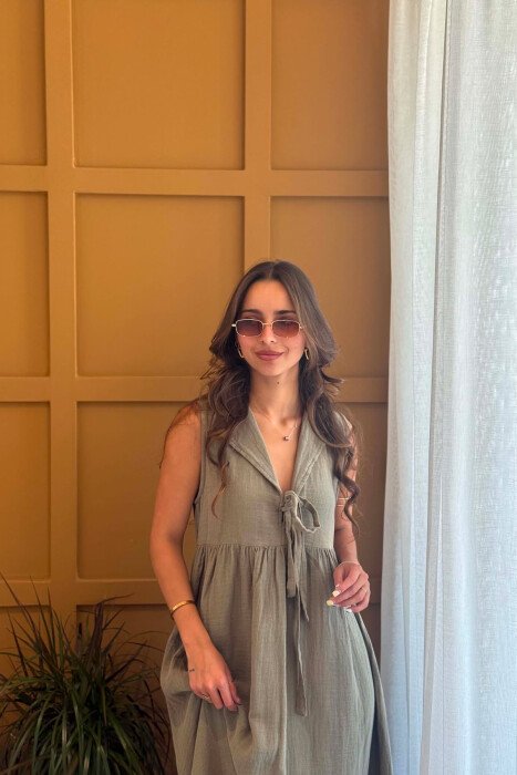 ONE COLOR LINEN LONG WOMEN DRESS OLIVE/ULLI - 3