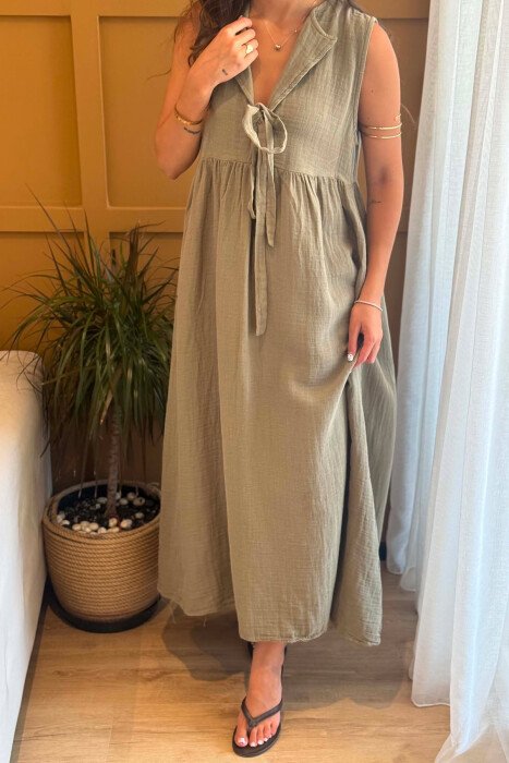 ONE COLOR LINEN LONG WOMEN DRESS OLIVE/ULLI - 4