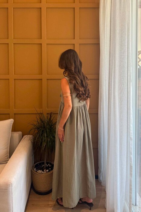 ONE COLOR LINEN LONG WOMEN DRESS OLIVE/ULLI - 5