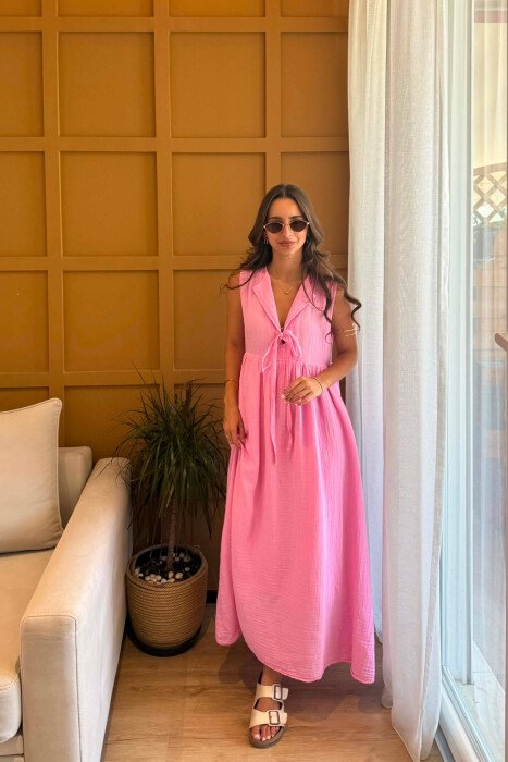 ONE COLOR LINEN LONG WOMEN DRESS PINK/ROZE - 1