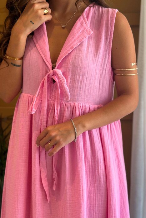 ONE COLOR LINEN LONG WOMEN DRESS PINK/ROZE - 2