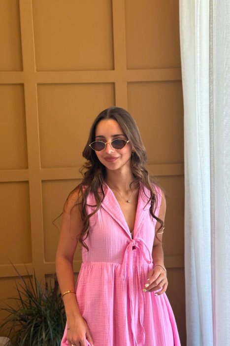 ONE COLOR LINEN LONG WOMEN DRESS PINK/ROZE - 3