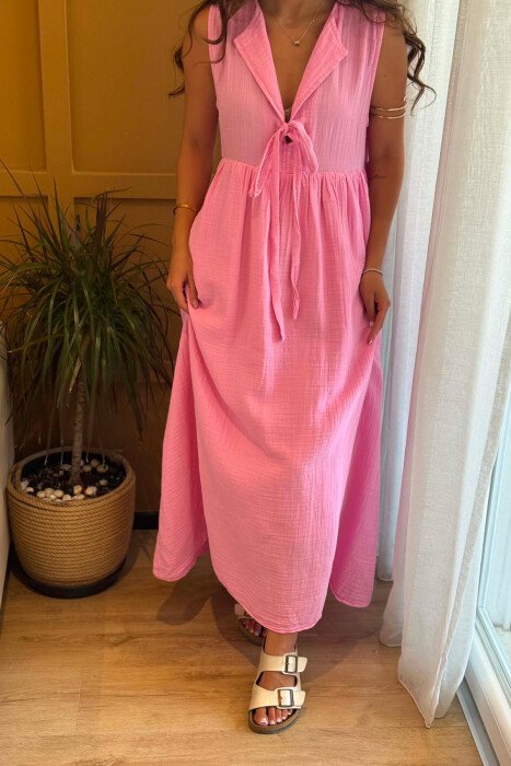 ONE COLOR LINEN LONG WOMEN DRESS PINK/ROZE - 4