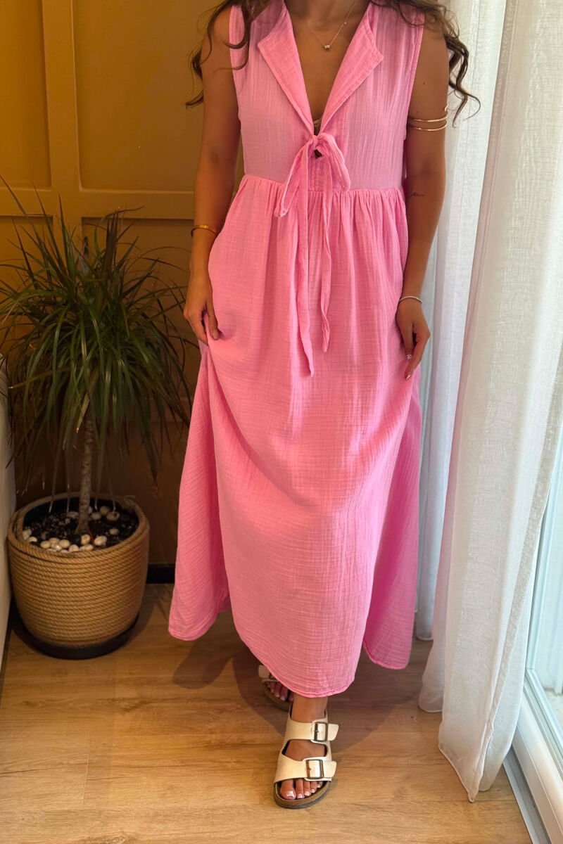 ONE COLOR LINEN LONG WOMEN DRESS PINK/ROZE - 4
