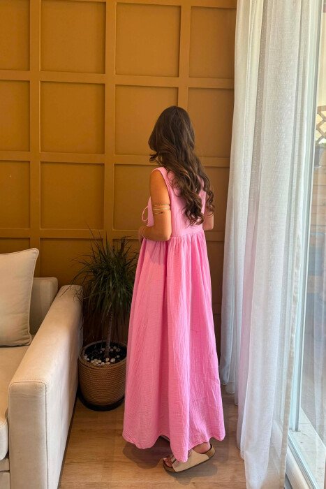 ONE COLOR LINEN LONG WOMEN DRESS PINK/ROZE - 5
