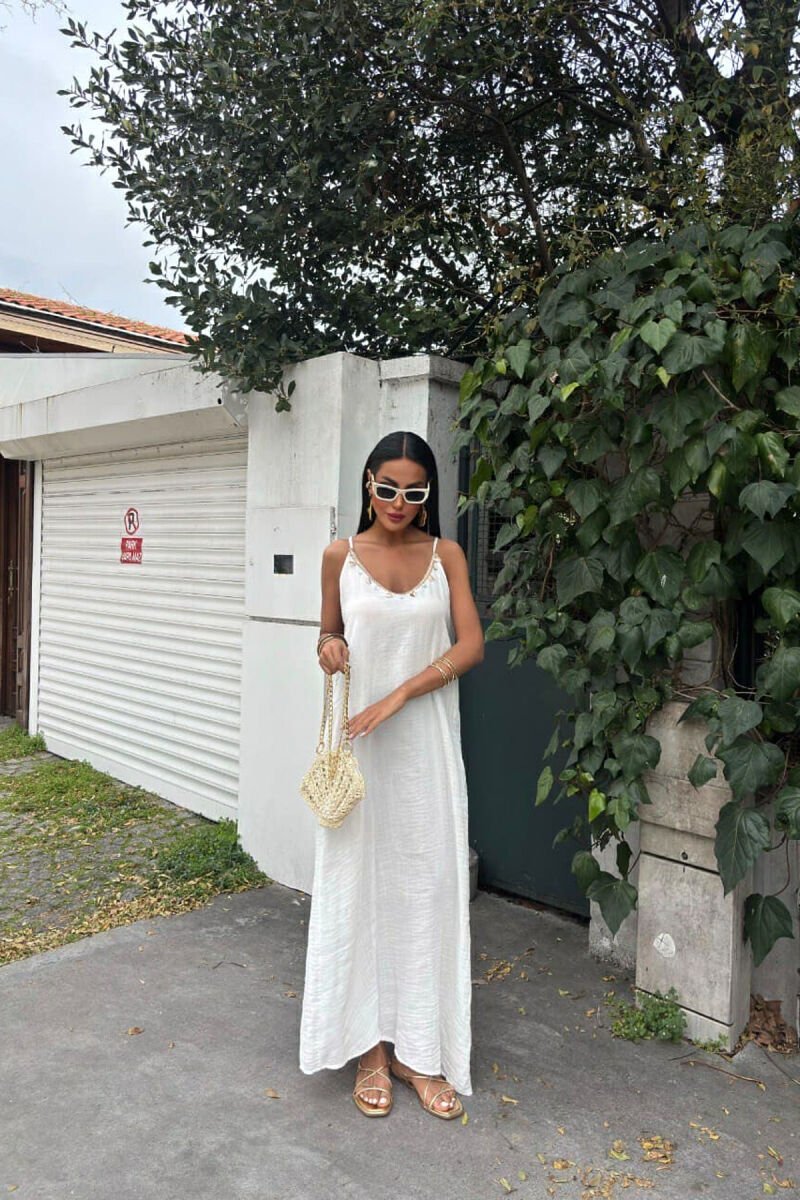 ONE COLOR LINEN LONG WOMEN DRESS WHITE-E BARDHE - 1