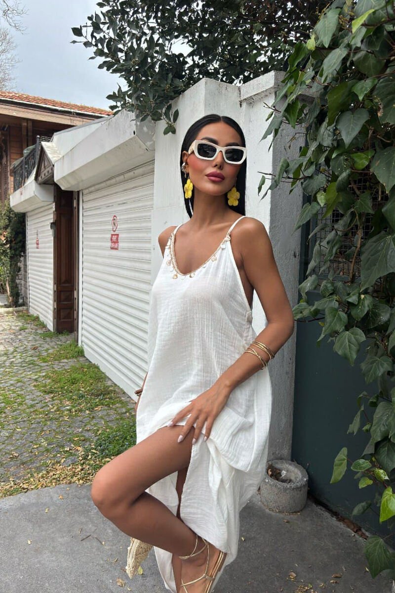 ONE COLOR LINEN LONG WOMEN DRESS WHITE-E BARDHE - 3
