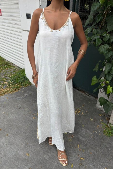 ONE COLOR LINEN LONG WOMEN DRESS WHITE-E BARDHE - 4