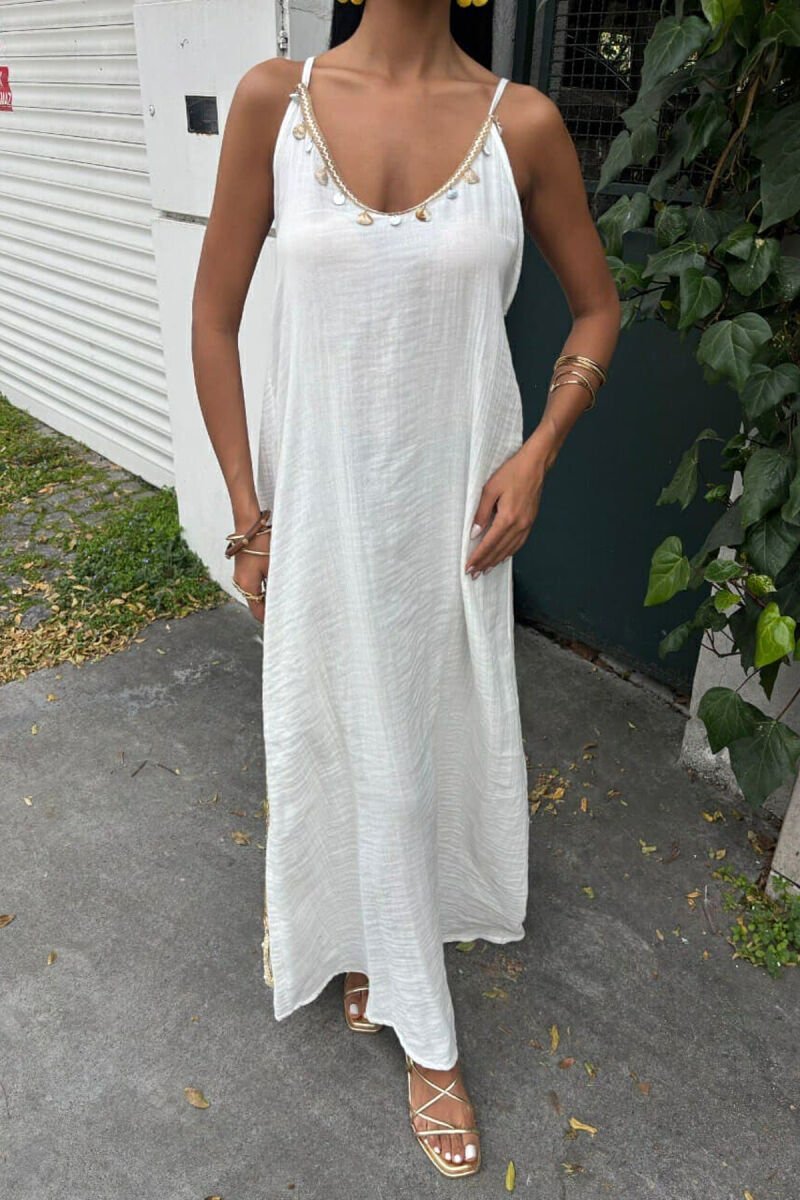 ONE COLOR LINEN LONG WOMEN DRESS WHITE-E BARDHE - 4