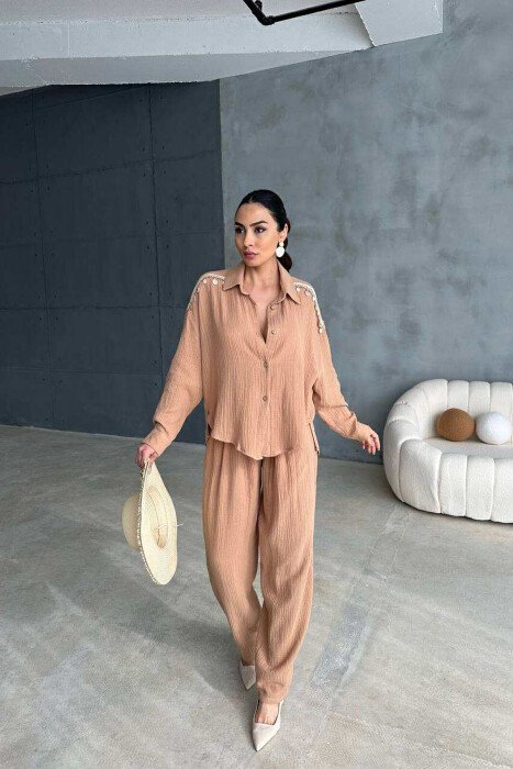 ONE COLOR LINEN SHIRT+TROUSERS WOMEN SET LIGHT BROWN/KAZB - 1