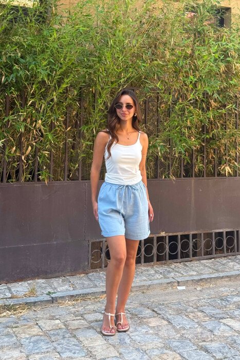 ONE COLOR LINEN WOMEN SHORTS LIGHTBLUE/BZ - 2