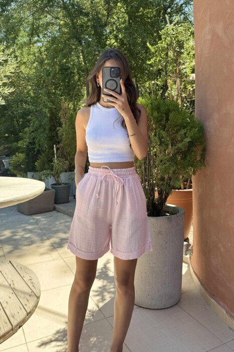 ONE COLOR LINEN WOMEN SHORTS PINK/ROZE 