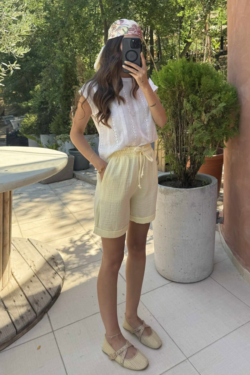 ONE COLOR LINEN WOMEN SHORTS YELLOW/E VERDHE - 2