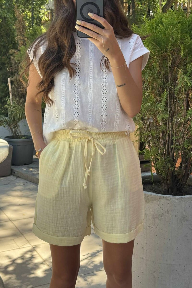 ONE COLOR LINEN WOMEN SHORTS YELLOW/E VERDHE - 3