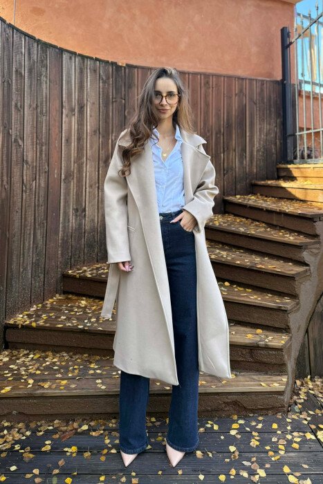 ONE COLOR LONG BELT DETAIL WOMEN COAT BEIGE/BEZHE - KLAUDIO FASHION