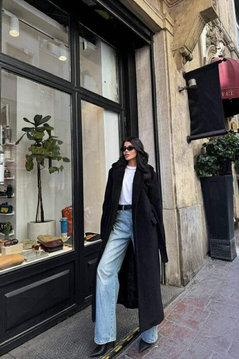 ONE COLOR LONG BELT DETAIL WOMEN COAT BLACK/ E ZEZE - 3
