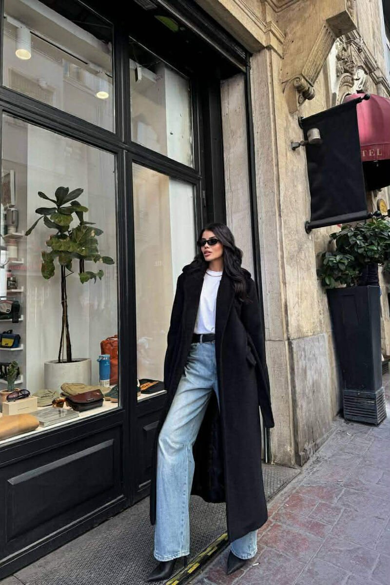 ONE COLOR LONG BELT DETAIL WOMEN COAT BLACK/ E ZEZE - 3