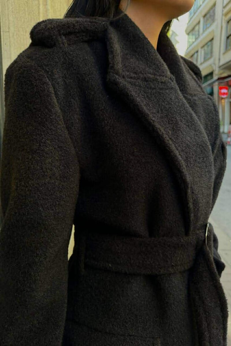 ONE COLOR LONG BELT DETAIL WOMEN COAT BLACK/ E ZEZE - 4
