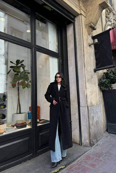 ONE COLOR LONG BELT DETAIL WOMEN COAT BLACK/ E ZEZE - 5
