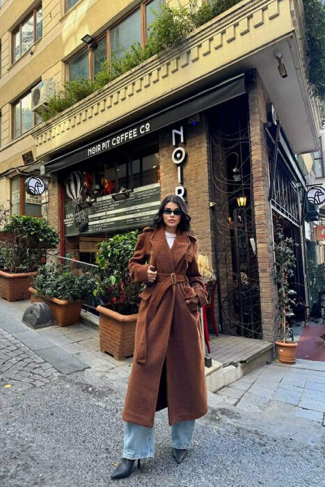 ONE COLOR LONG BELT DETAIL WOMEN COAT BROWN/KAFE - 2