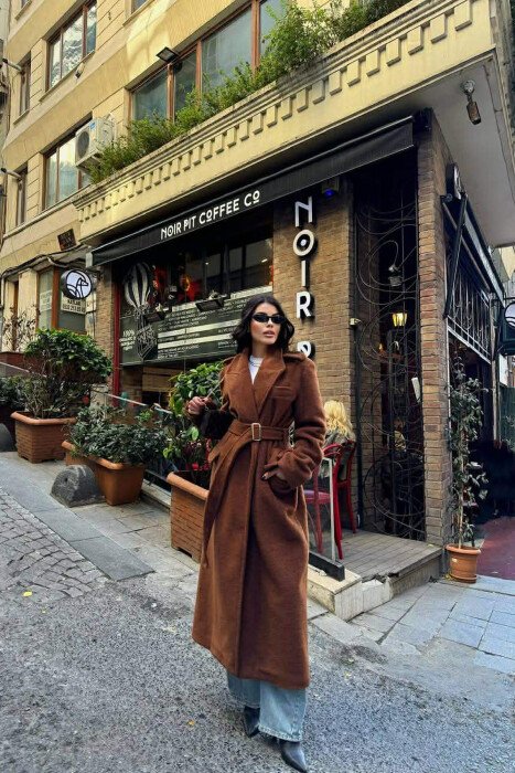 ONE COLOR LONG BELT DETAIL WOMEN COAT BROWN/KAFE - 3