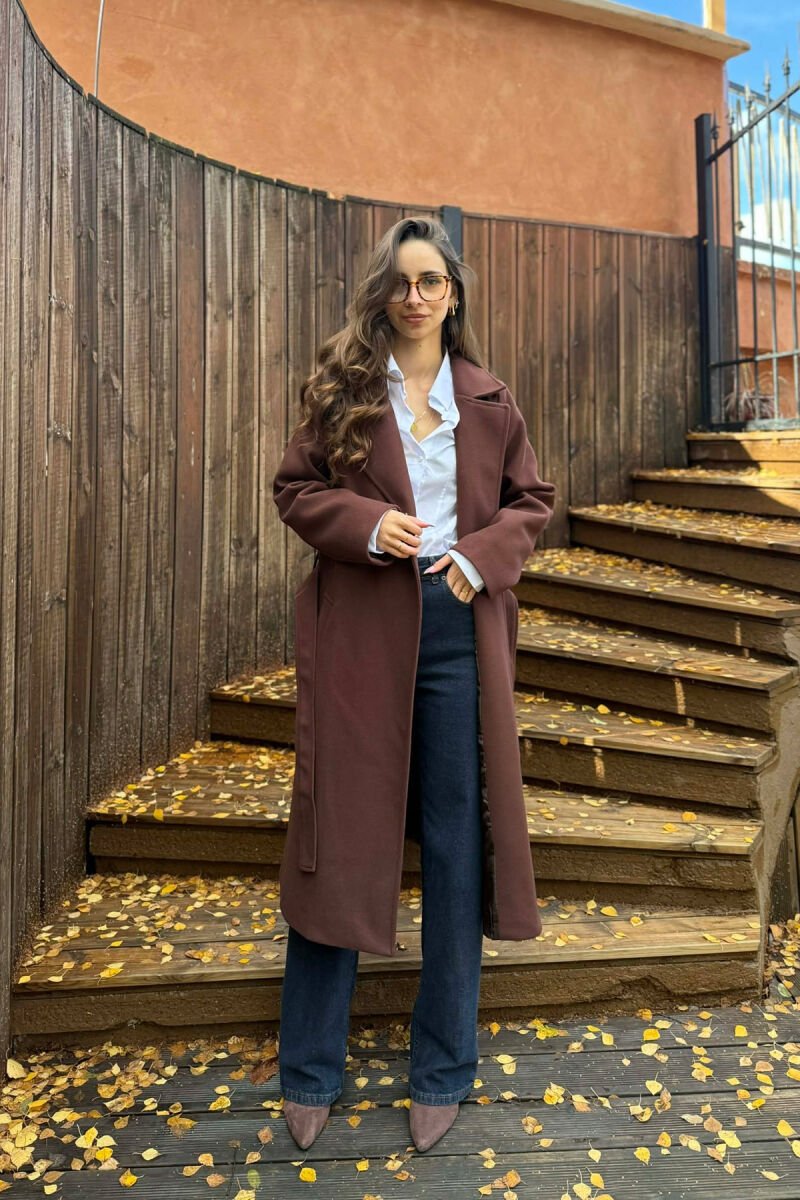 ONE COLOR LONG BELT DETAIL WOMEN COAT BROWN/KAFE - 1