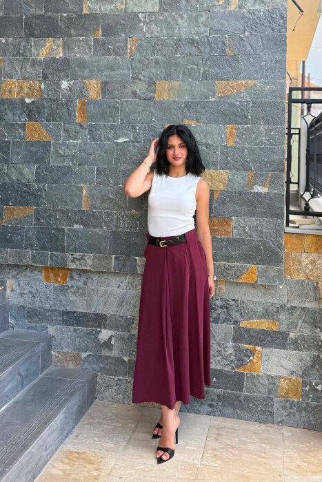 ONE COLOR LONG BELTED WOMEN SKIRT BLACK-BURGUNDY/ZEVI - 1