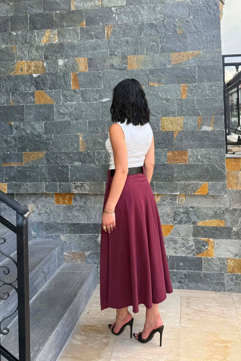 ONE COLOR LONG BELTED WOMEN SKIRT BLACK-BURGUNDY/ZEVI - 3