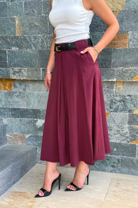 ONE COLOR LONG BELTED WOMEN SKIRT BLACK-BURGUNDY/ZEVI - 5