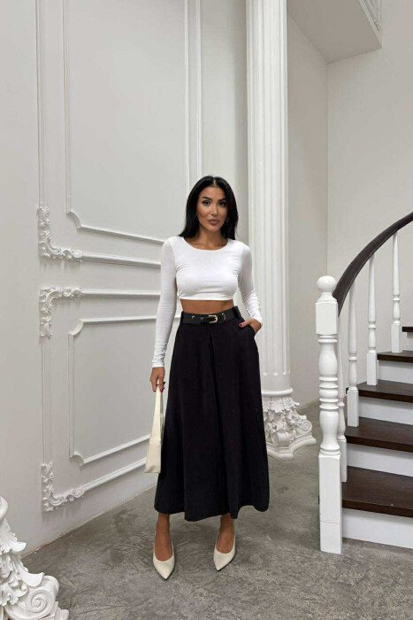 ONE COLOR LONG BELTED WOMEN SKIRT BLACK/ E ZEZE - 1