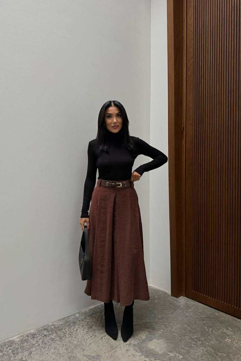 ONE COLOR LONG BELTED WOMEN SKIRT BROWN/KAFE - 2