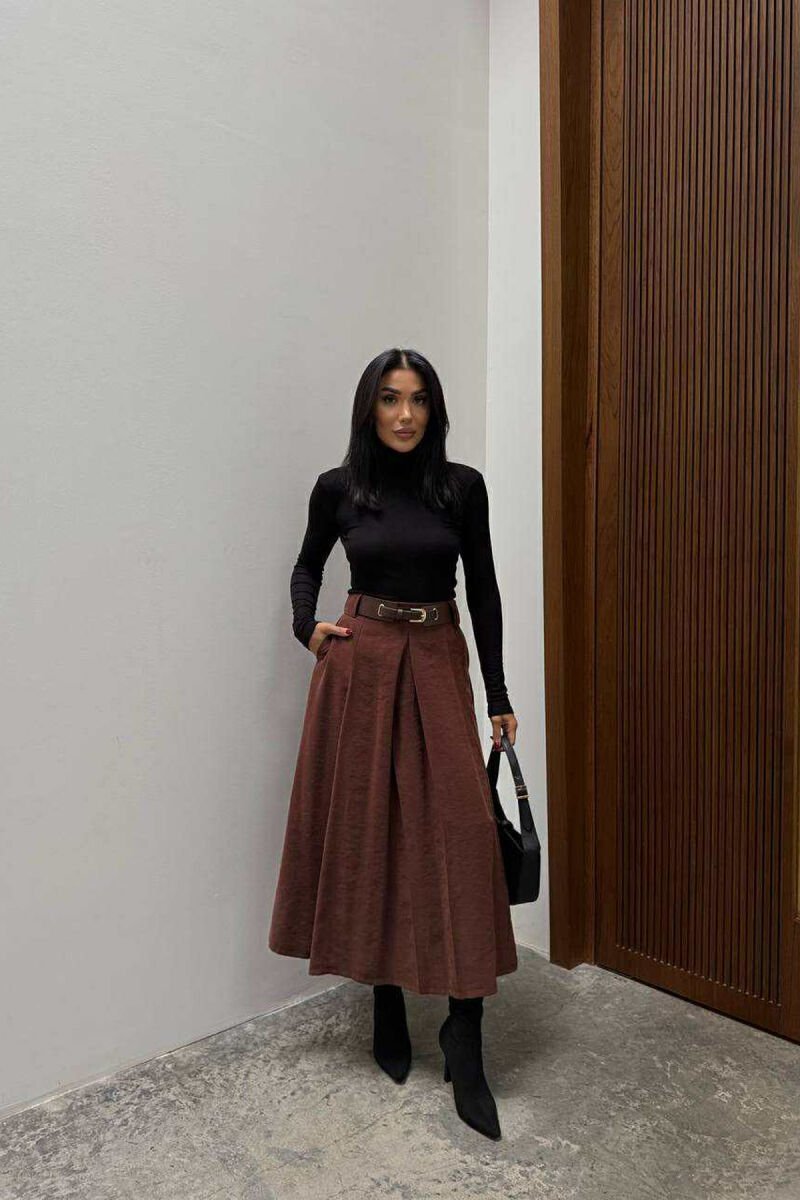 ONE COLOR LONG BELTED WOMEN SKIRT BROWN/KAFE - 3