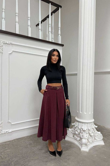 ONE COLOR LONG BELTED WOMEN SKIRT BURGUNDY/VISHNJE 