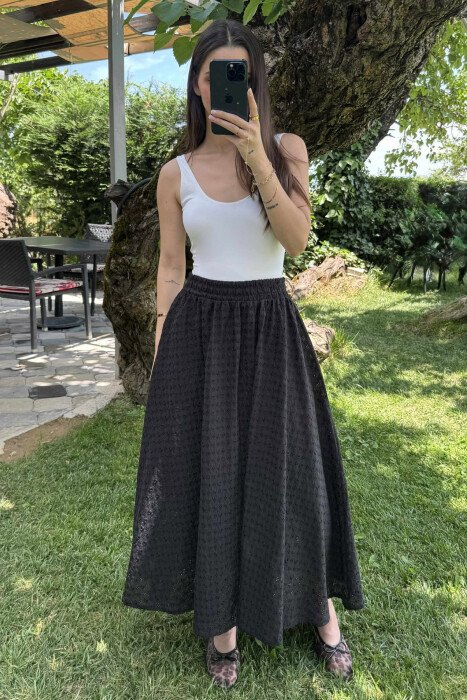 ONE COLOR LONG ELASTIC WAIST WOMEN SKIRT BLACK/ E ZEZE - 5