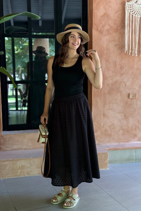 ONE COLOR LONG ELASTIC WAIST WOMEN SKIRT BLACK/ E ZEZE - 4