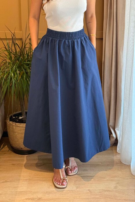 ONE COLOR LONG ELASTIC WAIST WOMEN SKIRT BLUE/BLU - 2