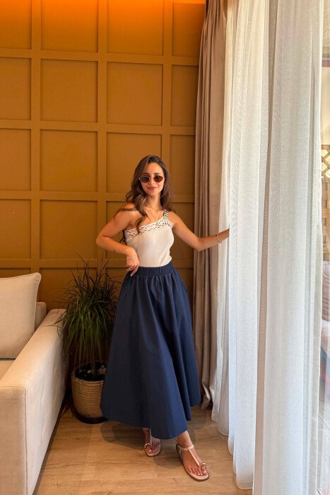 ONE COLOR LONG ELASTIC WAIST WOMEN SKIRT BLUE/BLU - 4
