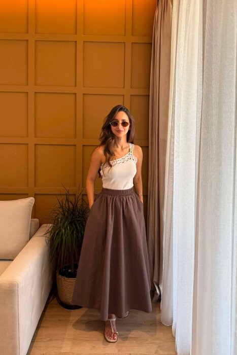 ONE COLOR LONG ELASTIC WAIST WOMEN SKIRT BROWN/KAFE - KLAUDIO FASHION