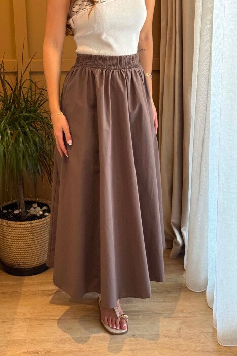 ONE COLOR LONG ELASTIC WAIST WOMEN SKIRT BROWN/KAFE - 4