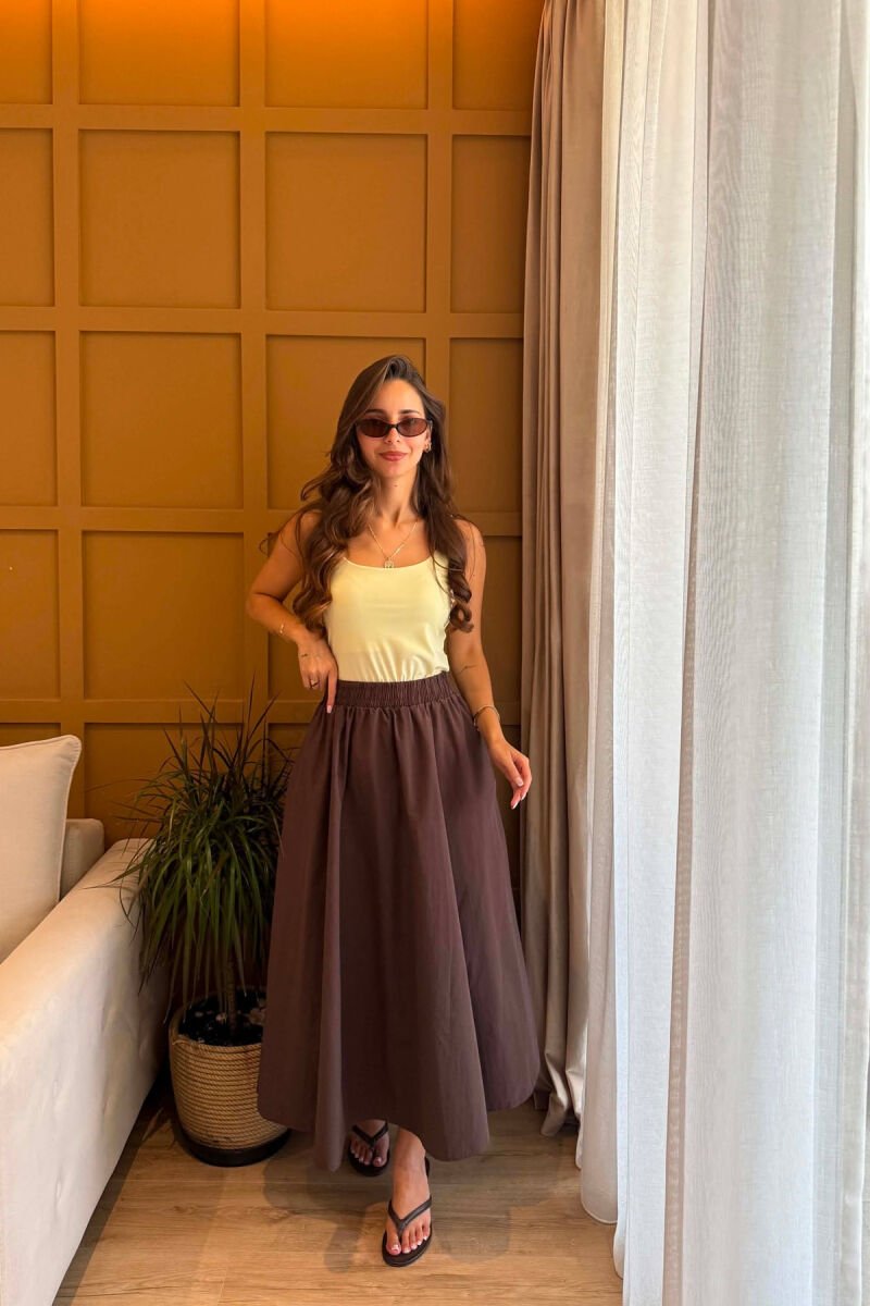ONE COLOR LONG ELASTIC WAIST WOMEN SKIRT DARK BROWN/KAE - 1