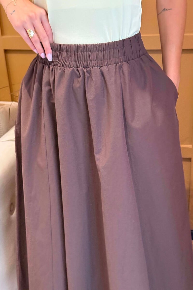 ONE COLOR LONG ELASTIC WAIST WOMEN SKIRT DARK BROWN/KAE - 3