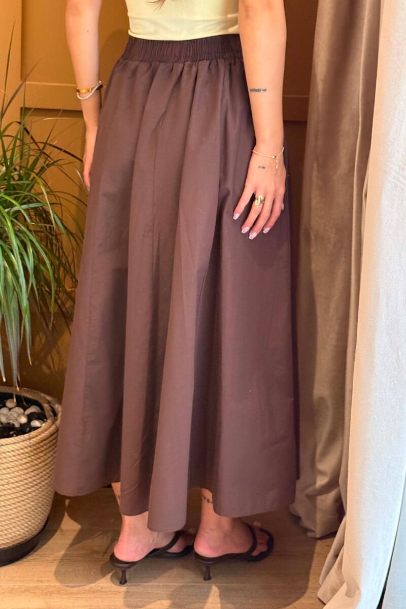 ONE COLOR LONG ELASTIC WAIST WOMEN SKIRT DARK BROWN/KAE - 4