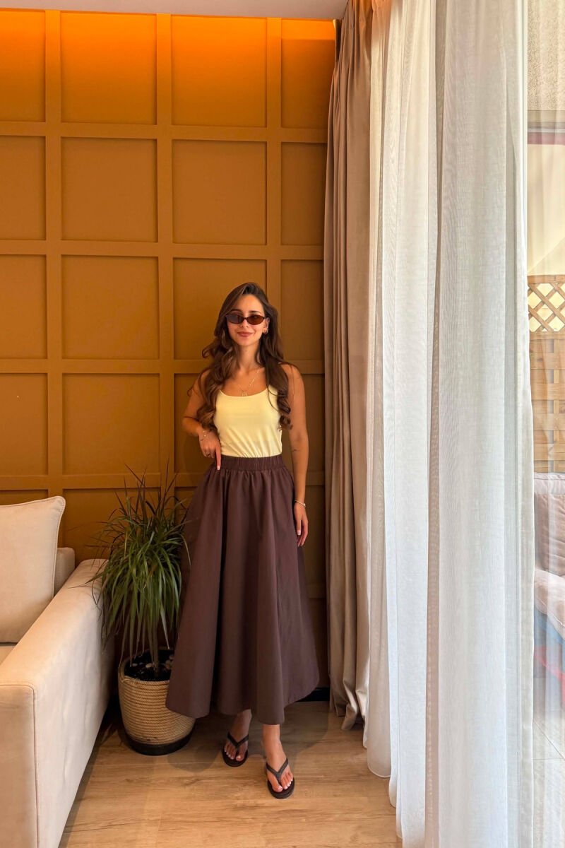 ONE COLOR LONG ELASTIC WAIST WOMEN SKIRT DARK BROWN/KAE - 5