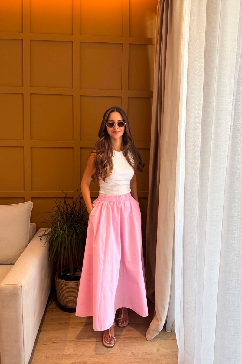 ONE COLOR LONG ELASTIC WAIST WOMEN SKIRT PINK/ROZE - 1