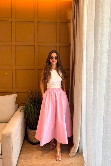 ONE COLOR LONG ELASTIC WAIST WOMEN SKIRT PINK/ROZE - 2