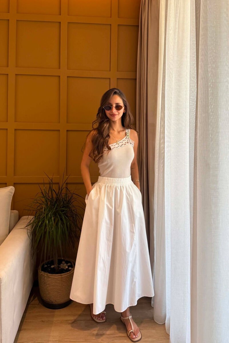ONE COLOR LONG ELASTIC WAIST WOMEN SKIRT WHITE-E BARDHE - 3