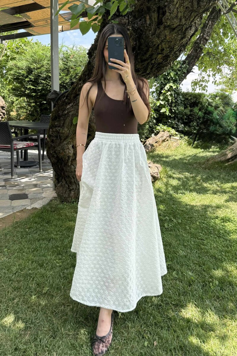 ONE COLOR LONG ELASTIC WAIST WOMEN SKIRT WHITE-E BARDHE - 2