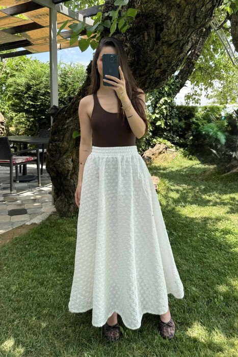 ONE COLOR LONG ELASTIC WAIST WOMEN SKIRT WHITE-E BARDHE - 3
