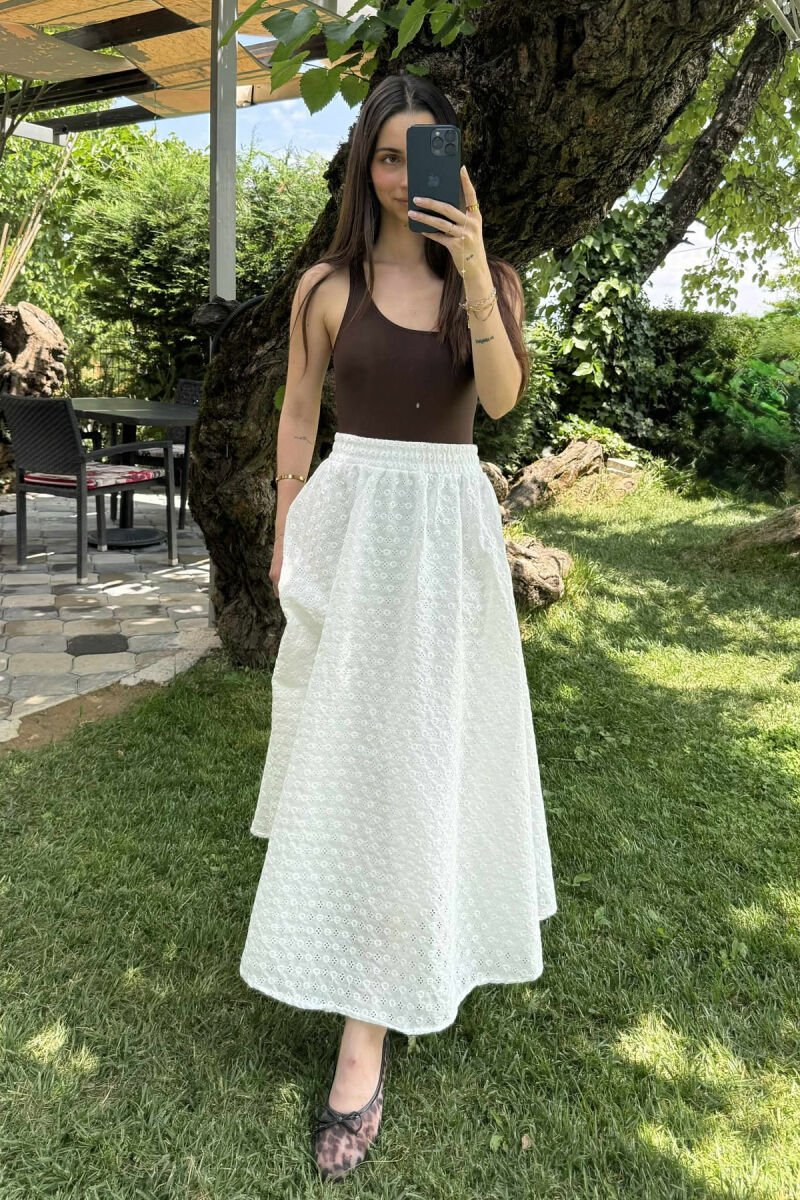 ONE COLOR LONG ELASTIC WAIST WOMEN SKIRT WHITE-E BARDHE - 5
