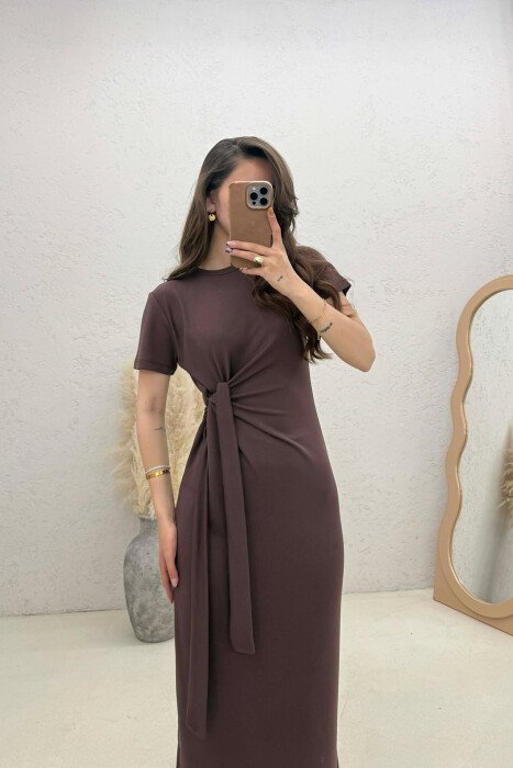 ONE COLOR LONG LACING DETAIL WOMEN DRESS BROWN/KAFE - 3